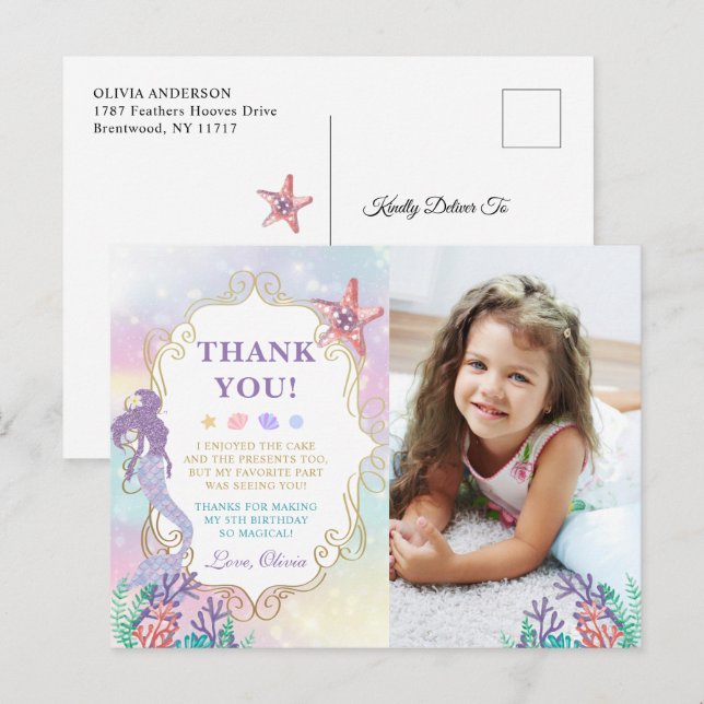 Mermaid Birthday Under The Sea Photo Thank You Postcard (Front/Back)