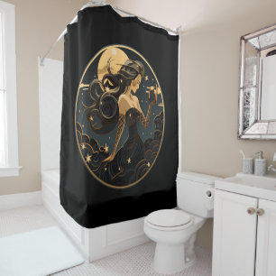Mermaid Black and Gold Art Deco Shower Curtain