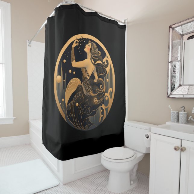 Mermaid Black and Gold Art Deco Shower Curtain (In Situ)