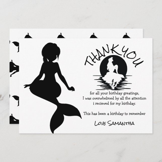 Mermaid Black Birthday Party Thank You  Invitation (Front/Back)