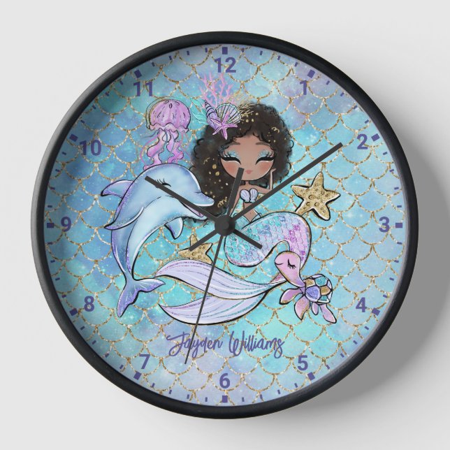Mermaid Black Hair Custom Girls Bedroom Wall Clock (Front)