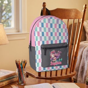 Mermaid blocks pink name pattern printed backpack