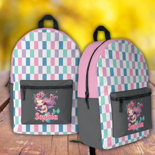 Mermaid blocks pink name pattern printed backpack