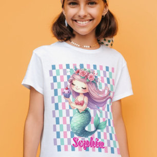 Mermaid blocks pink name pattern T-Shirt