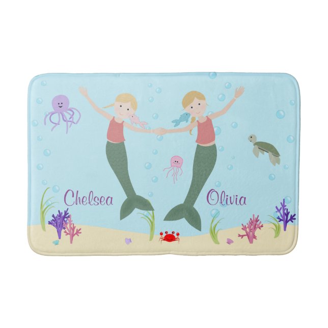 Mermaid Blonde Sisters Personalised Bath Mat (Front)