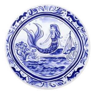 Mermaid Blue and White Mediterranean Folk Art Ceramic Knob