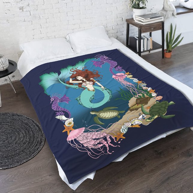 Mermaid Blue Fantasy Friends.  Fleece Blanket (Creator Uploaded)