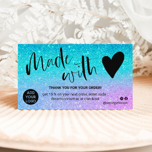 Mermaid blue glitter thank you made with love business card