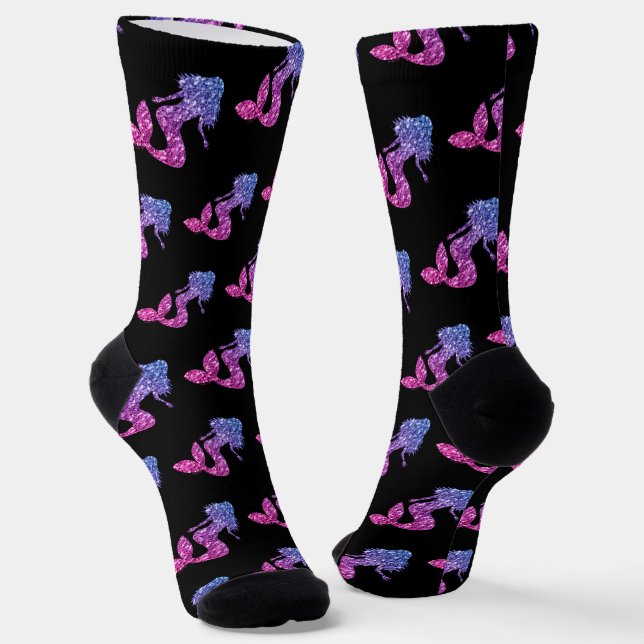 Mermaid blue pink ombre Sparkles pattern black Socks (Angled)