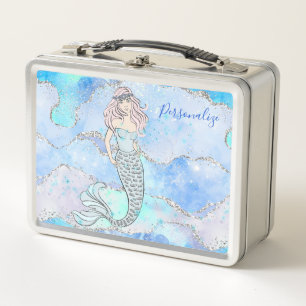 Mermaid Blue Silver Glitter Glam Personalized Metal Lunch Box