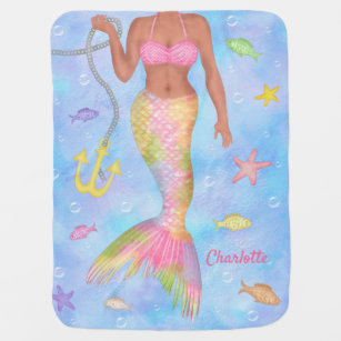 Mermaid Body Underwater Fish Dark Skin Custom Name Baby Blanket