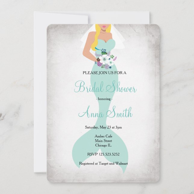 Mermaid bridal shower invitation floral mint green (Front)