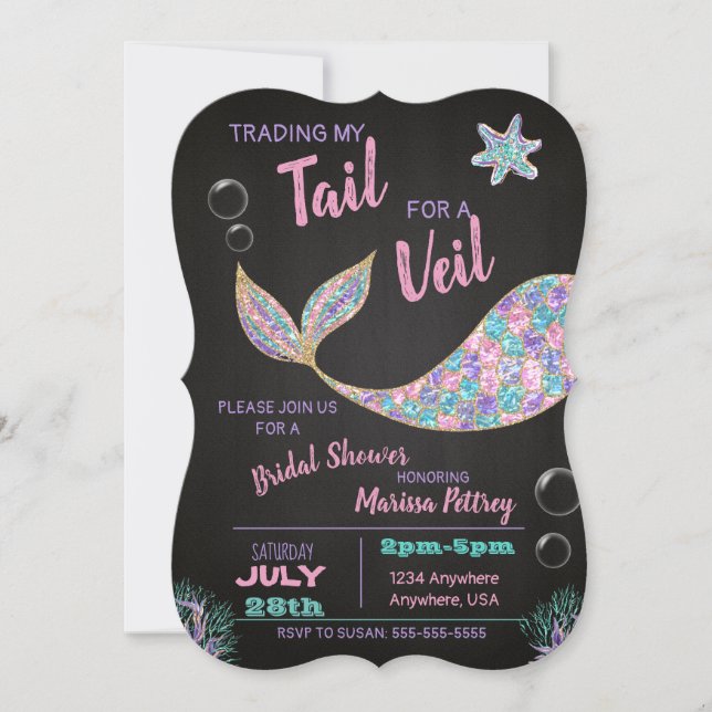 Mermaid  Bridal Shower invitation, glitter Invitation (Front)