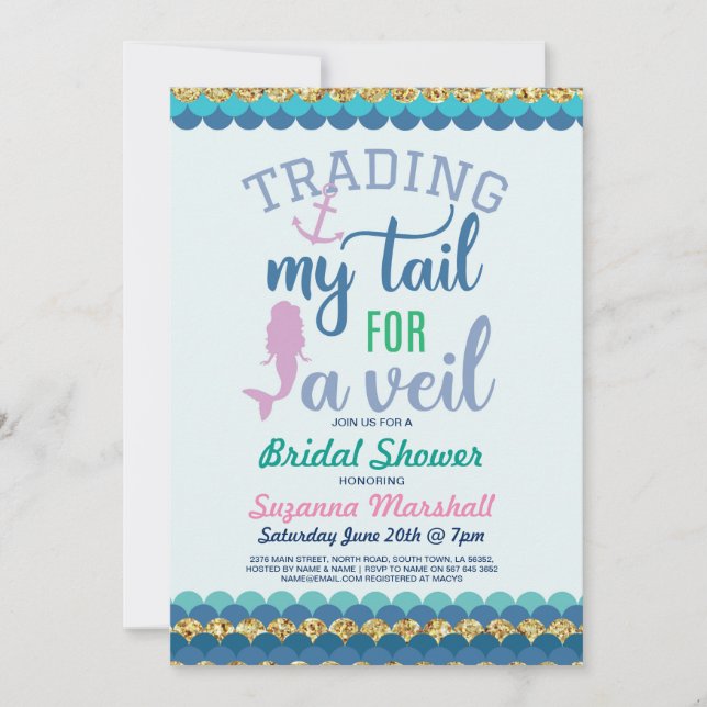 Mermaid Bridal Shower Invite Gold Glitter Sea (Front)