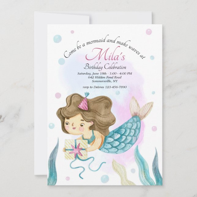 Mermaid Bringing Present Birthday Party Invitation (Front)