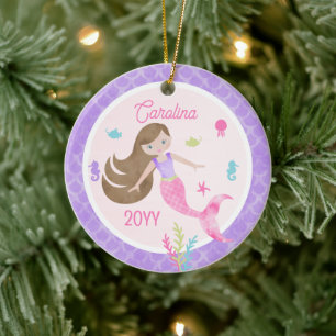 Mermaid Brown Hair Pink & Purple Photo Keepsake Ceramic Tree Decoration
