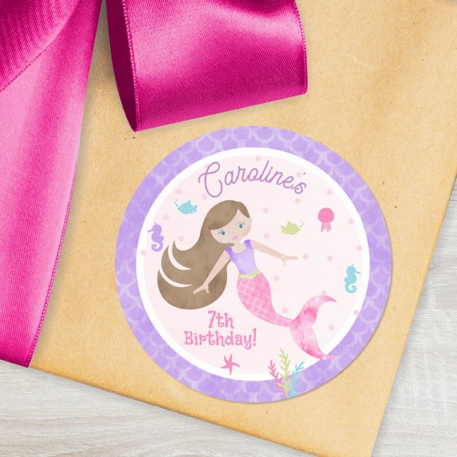 Mermaid Brown Hair Sea Creatures Purple Birthday Classic Round Sticker (Creator Uploaded)