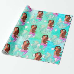 Mermaid Bubbles Blue Pink Dark Hair Bright Wrapping Paper