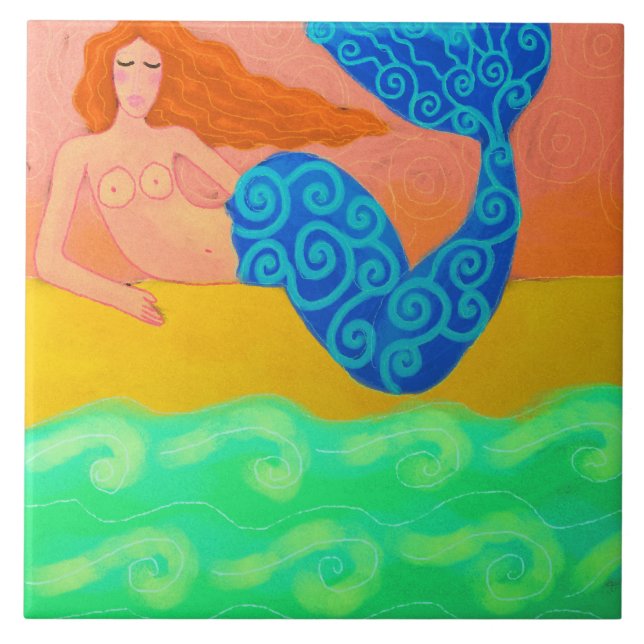 Mermaid by the Sea Abstract Digital Painting Tile (Front)