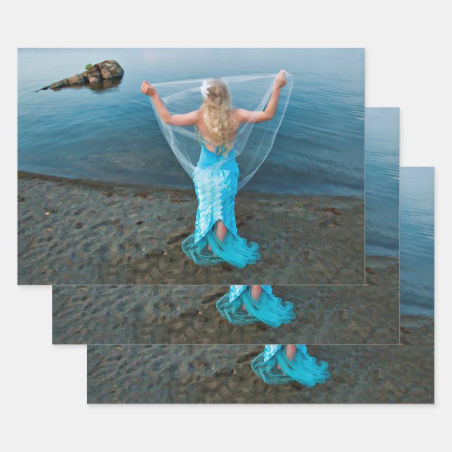Mermaid By The Sea Blue Nautical Ethereal Wrapping Paper Sheet (Set)