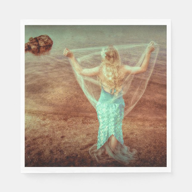 Mermaid By The Sea Vintage Teal Brown Napkin (Front)