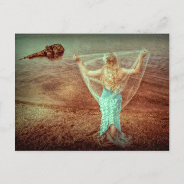 Mermaid By The Sea Vintage Teal Brown Postcard (Front)