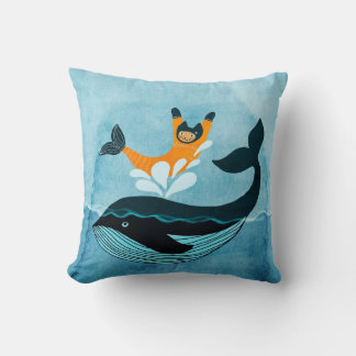 Mermaid cat and Whale Throw Pillow