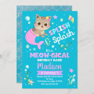 Mermaid Cat Birthday Invitation, Kitten Pool Party Invitation