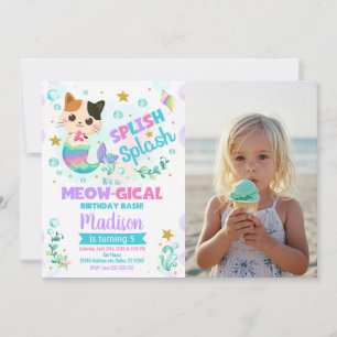 Mermaid Cat Birthday, Kitten Pool Party Photo Invitation