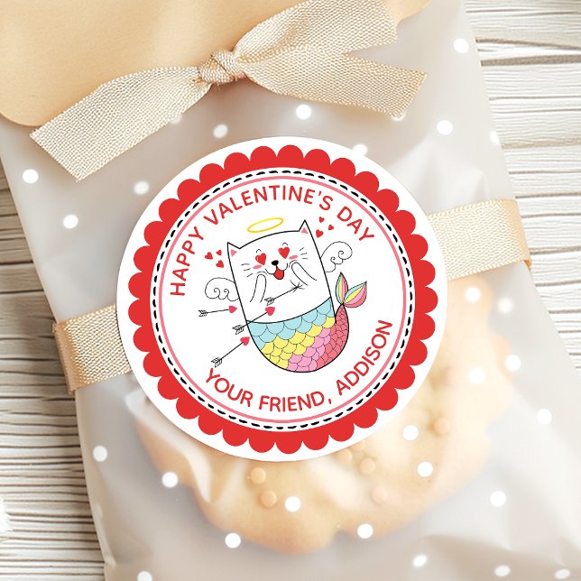 Mermaid Cat Cute Personalised Valentine Classic Round Sticker (Creator Uploaded)