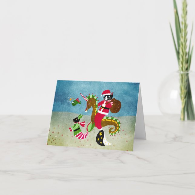 Mermaid cat Santa Folded Holiday Card (Front)