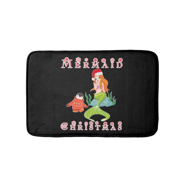 Mermaid Christmas and Funny Penguin Bath Mat (Front)