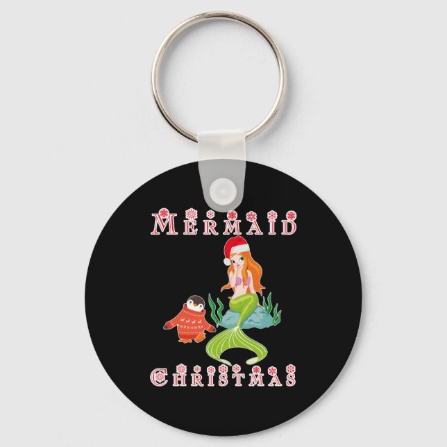 Mermaid Christmas and Funny Penguin Key Ring (Front)