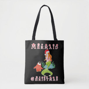 Mermaid Christmas and Funny Penguin Tote Bag