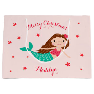 Mermaid Christmas Blush Pink Personalized Large Gift Bag