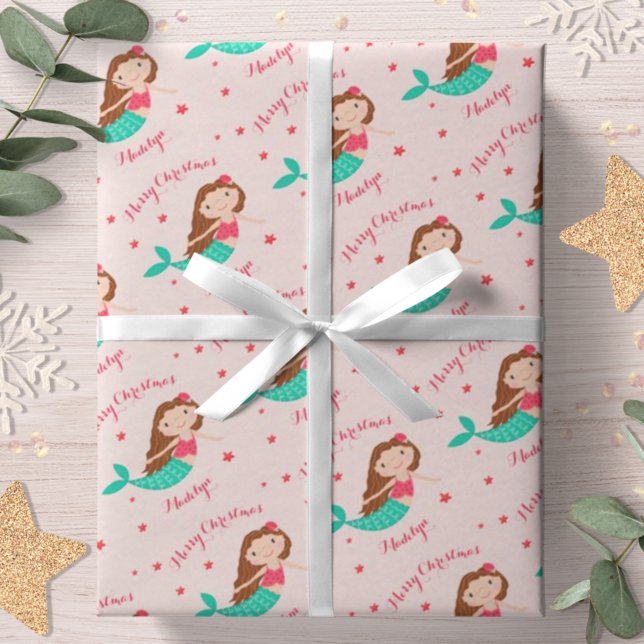 Mermaid Christmas Blush Pink Personalized Wrapping Paper (Creator Uploaded)