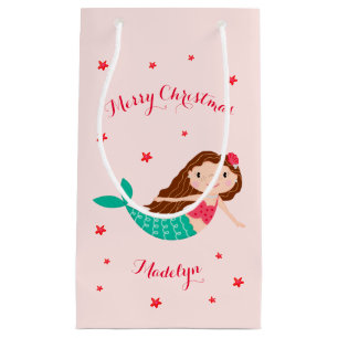 Mermaid Christmas Personalised Name Pink Small Gift Bag