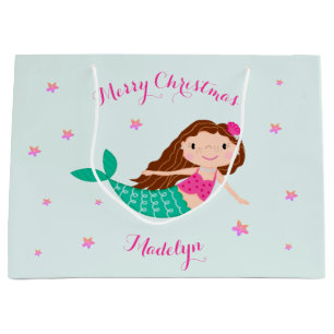 Mermaid Christmas Pink Teal Personalised Large Gift Bag