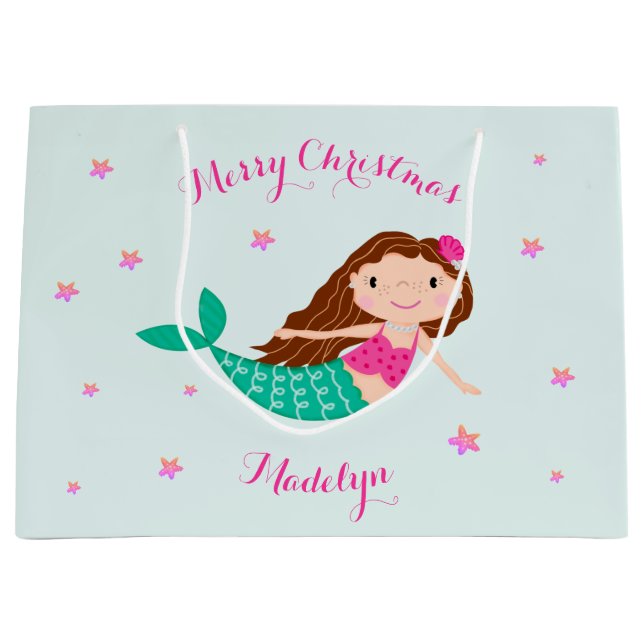 Mermaid Christmas Pink Teal Personalised Large Gift Bag (Front)