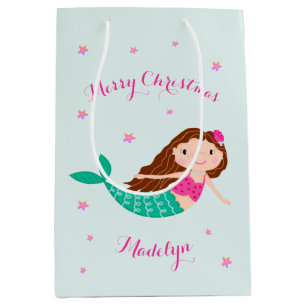 Mermaid Christmas Pink Teal Personalised Medium Gift Bag