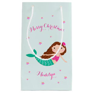 Mermaid Christmas Pink Teal Personalised Small Gift Bag