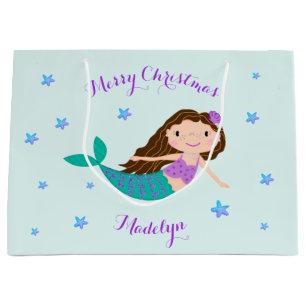 Mermaid Christmas Purple Glitter Personalised Large Gift Bag