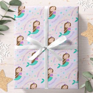 Mermaid Christmas Purple Gold Glitter Personalised Wrapping Paper