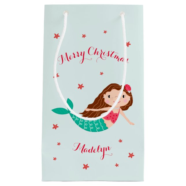 Mermaid Christmas Red Aqua Personalised Small Gift Bag (Front)