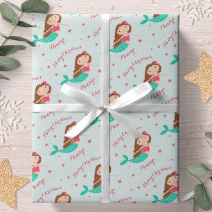 Mermaid Christmas Red Aqua Personalised Wrapping Paper