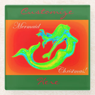 mermaid christmas red/green glass coaster