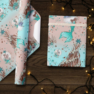 Mermaid Christmas Stockings and Trees Teal Peach Wrapping Paper