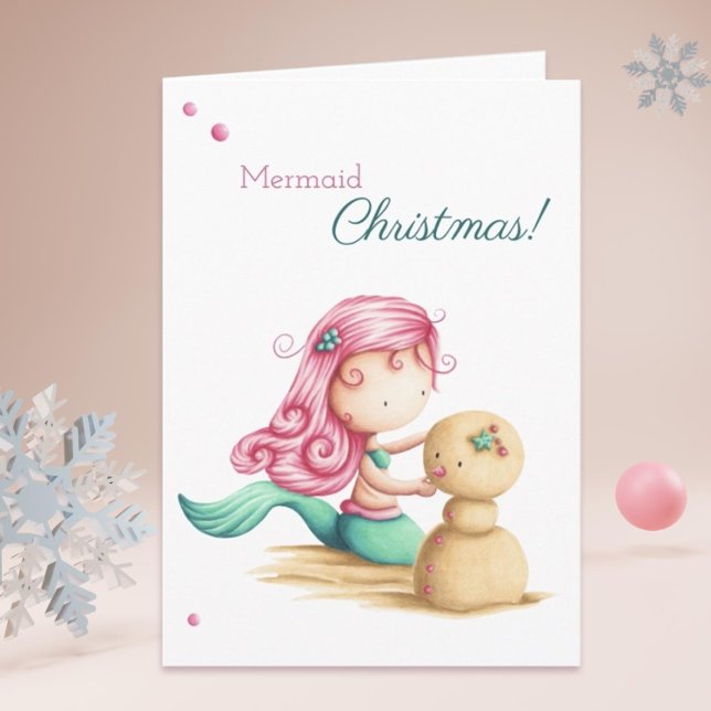 Mermaid Christmas Summer Beach Card (Cute summer mermaid Christmas card by Kinda Cute by Patricia Alvarez)