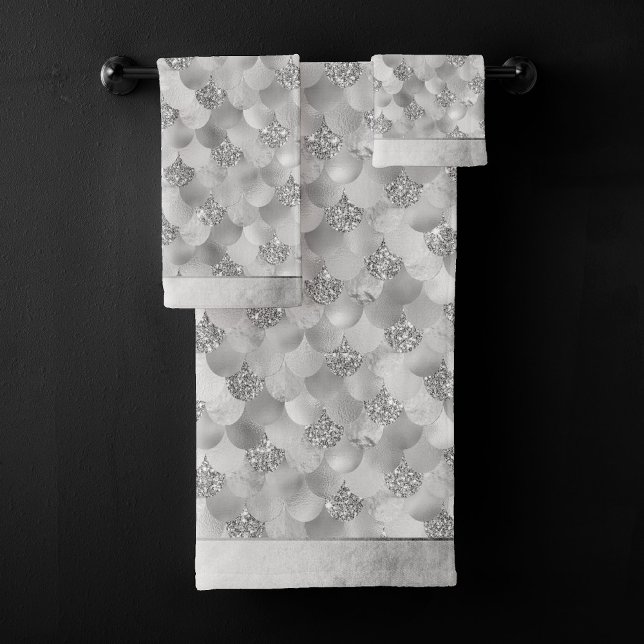 Mermaid Chrome Scales | Silver Faux Shiny Metallic Bath Towel Set (Creator Uploaded)