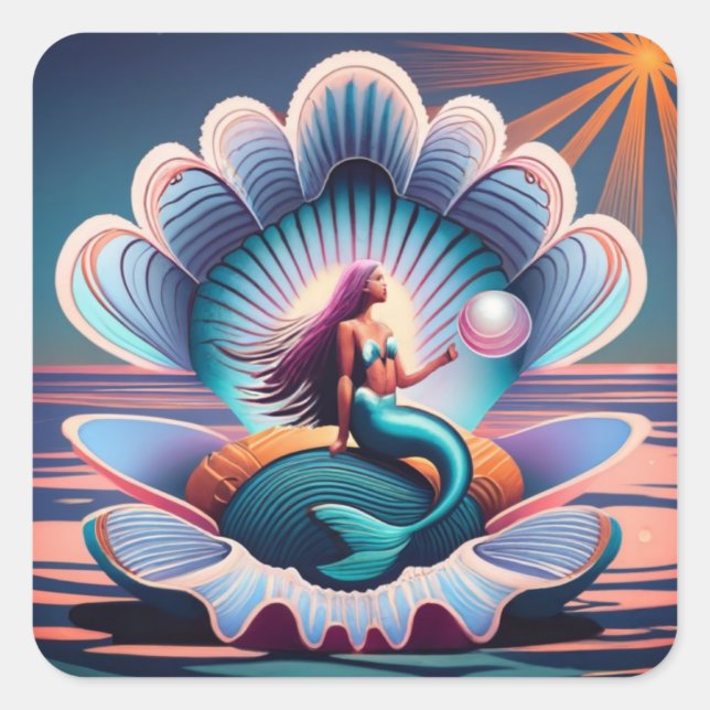 Mermaid, Clamshell, Pearl, Ocean, Enchanting Square Sticker (Front)